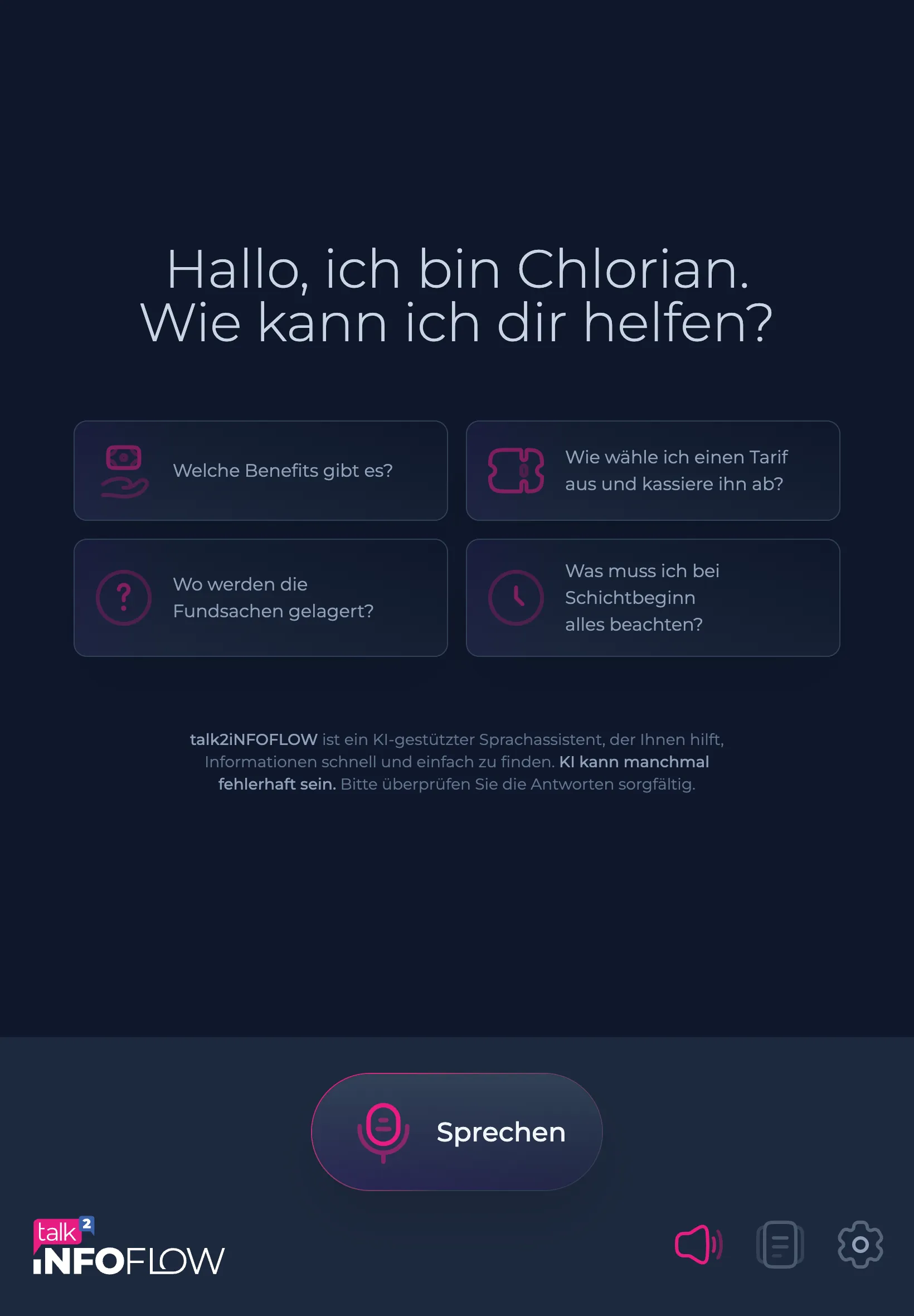 talk2iNFOFLOW am Terminal: Sprachassistent „Chlorian" mit Beispielfragen und der Taste „Sprechen"